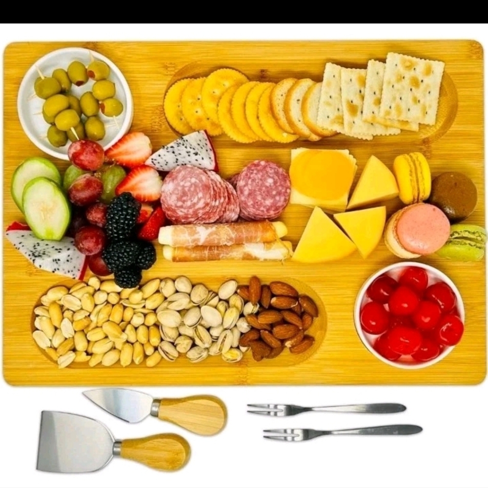 NIB Misoph Organic BPA free Bamboo Cheese Board W. Cheese Knives, forks, & bowls